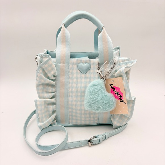Luv Betsey Handbags - Luv Betsey Johnson Gingham LBRUFFLE Crossbody Tote Bag Blue‎ White Heart Charm
